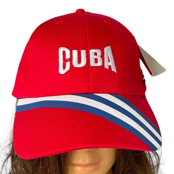 CUBA NWT Mens 6 Panel Baseball Cap Red Embroidered Bib Velcro Cotton OS - Picture 1 of 9